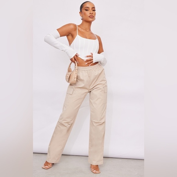 PrettyLittleThing Pants - PrettyLittleThing Stone Elasticated Waist Straight Leg Cargo Pants, Size 4